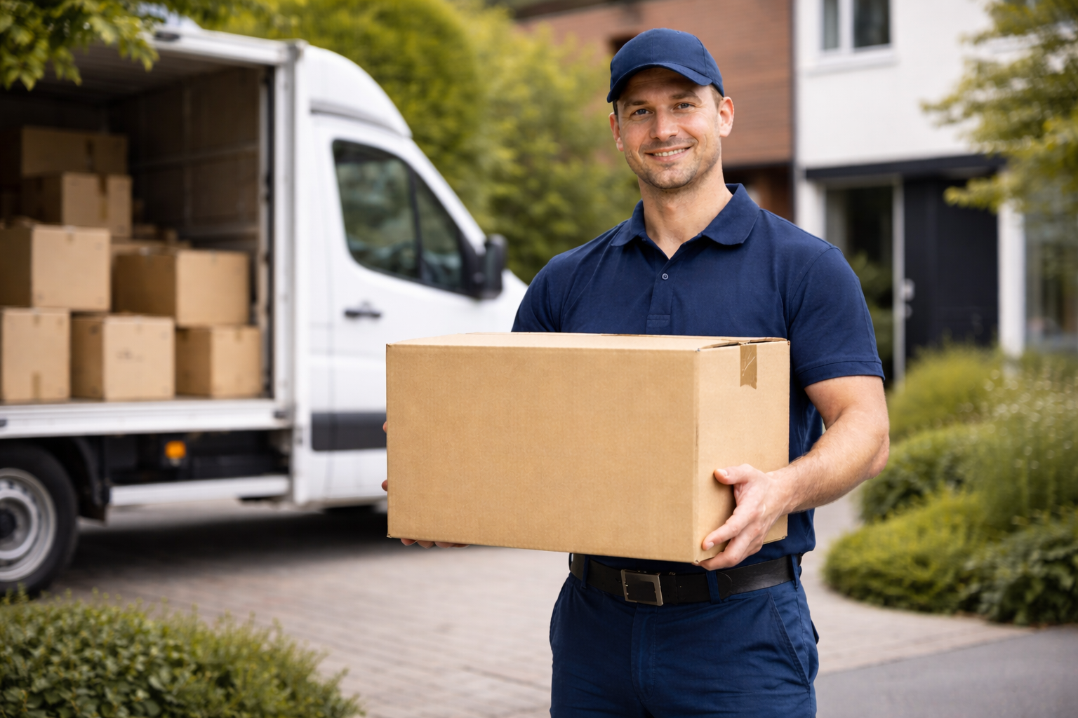 Professional mover carrying a cardboard box in a modern residential environment